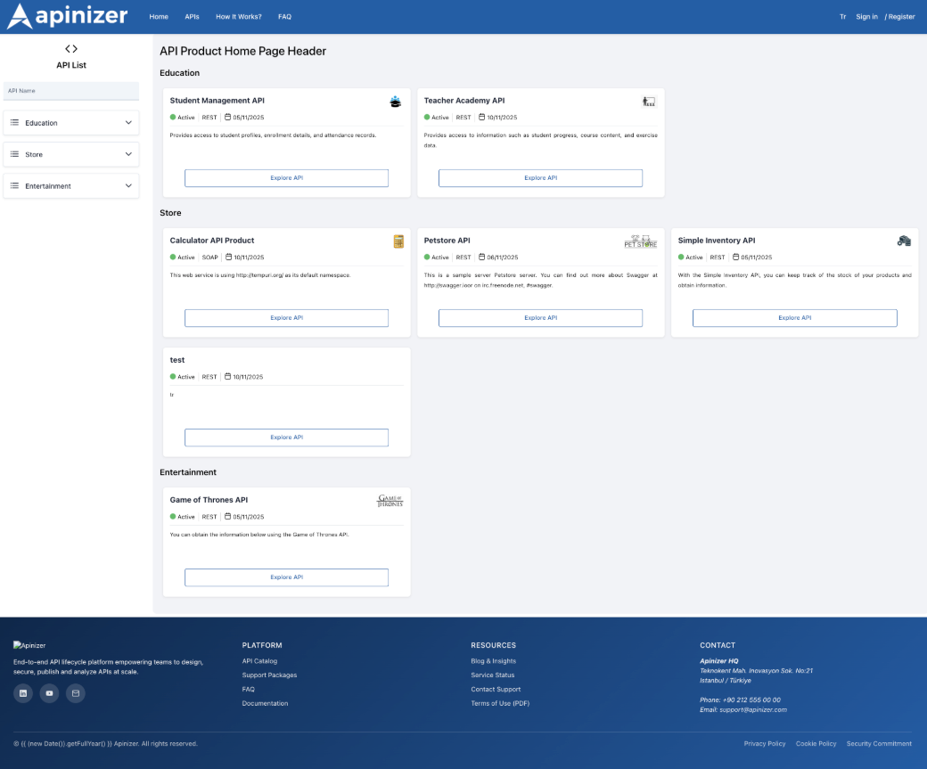 API Product Portal List Page