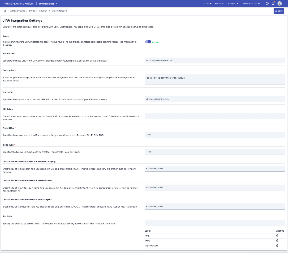 Jira Integration Settings Screen