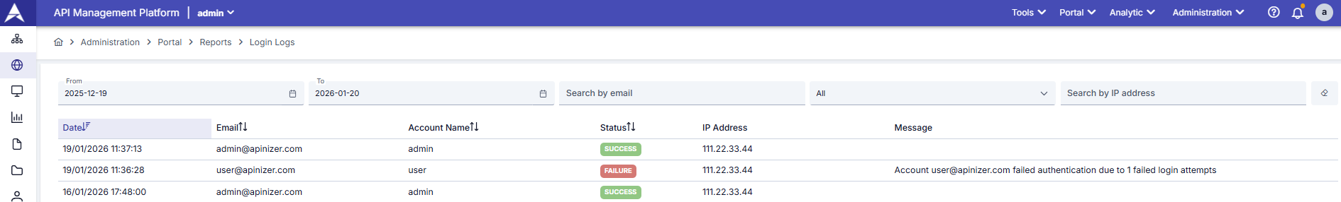 API Portal Giriş Kayıtları Ekranı
