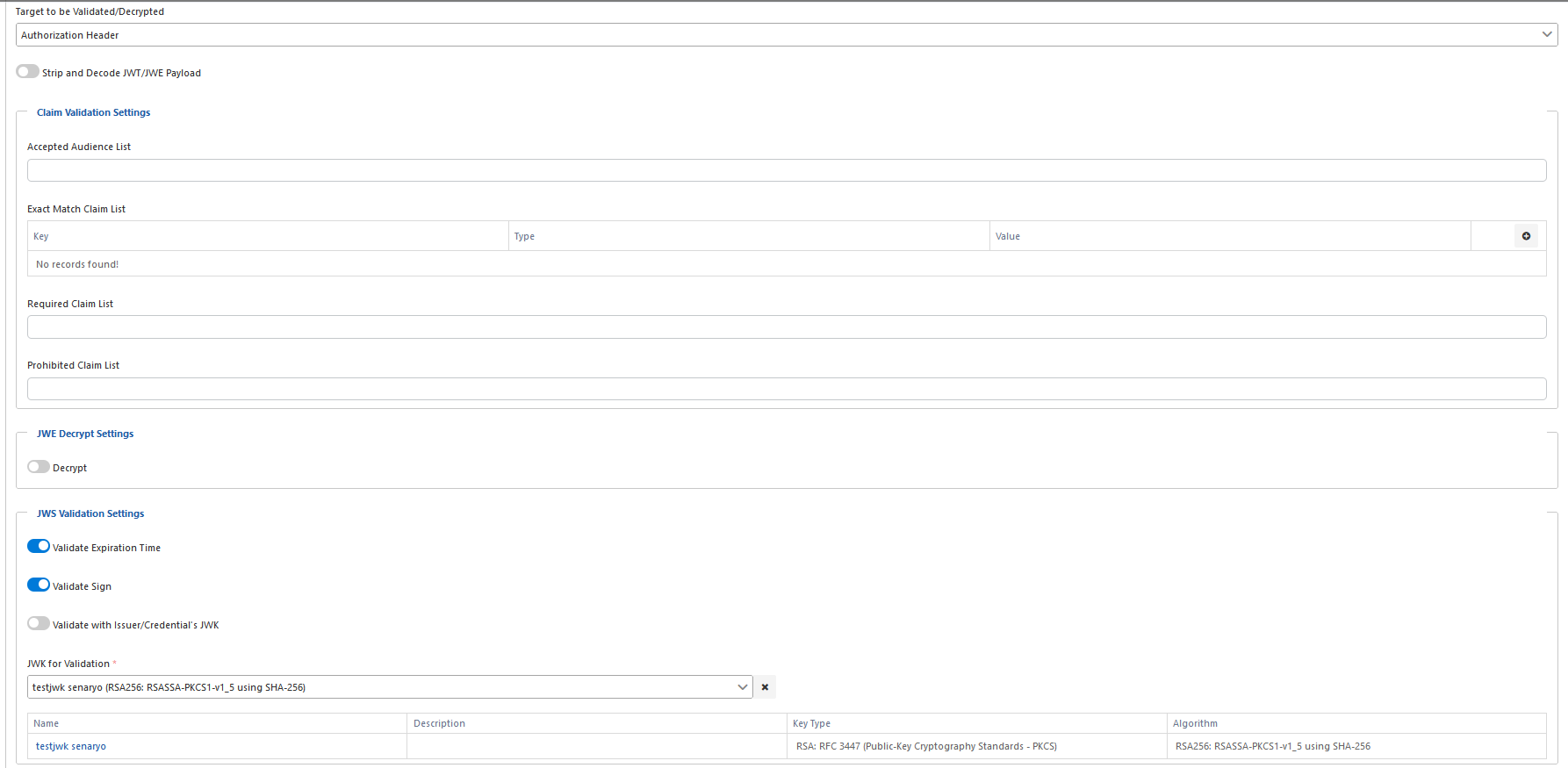 JOSE Validation Settings Detail