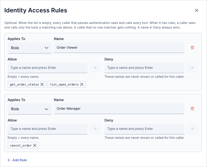 Order Viewer rolü ve Order Manager rolü için birer kural içeren Identity Access Rules penceresi