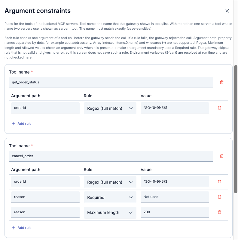 get_order_status ve cancel_order kurallarını içeren Argument constraints penceresi