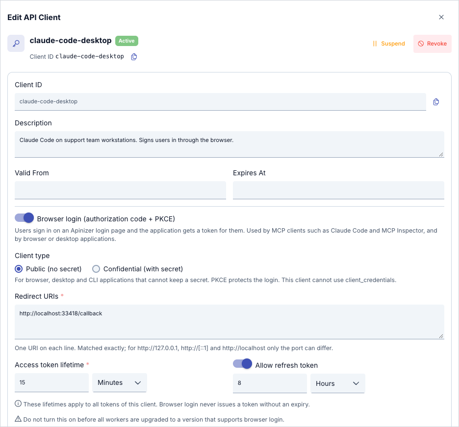 Edit API Client dialog of claude-code-desktop with browser login on, Public client type, redirect URI and token lifetimes