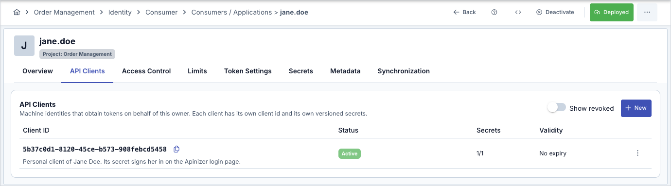 API Clients tab of the consumer jane.doe with one active confidential client
