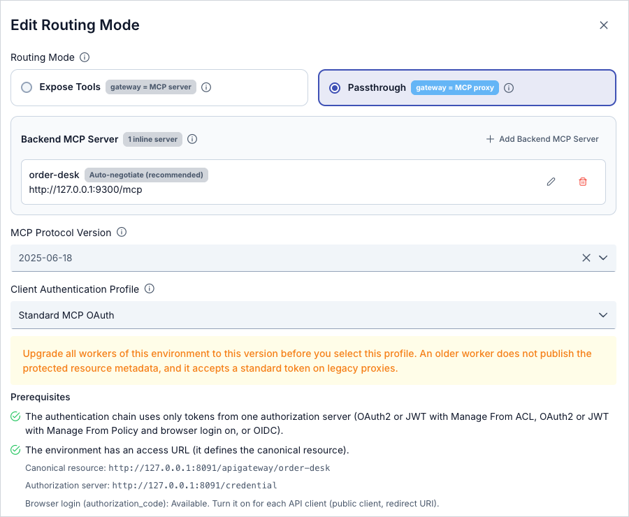Edit Routing Mode dialog of Order Desk MCP with Passthrough, Standard MCP OAuth and the prerequisites