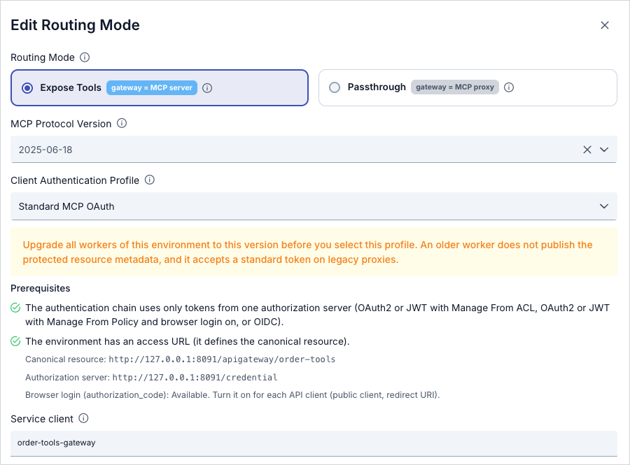 Edit Routing Mode dialog of Order Service Tools with Expose Tools, Standard MCP OAuth and the Service client field