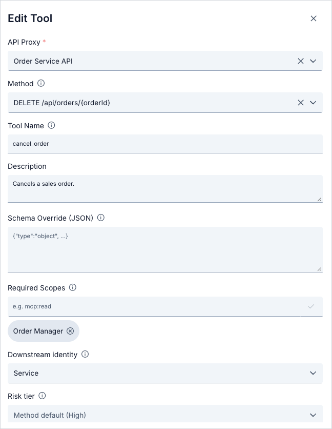Edit Tool dialog of cancel_order with the Required Scopes chip Order Manager and Downstream identity Service