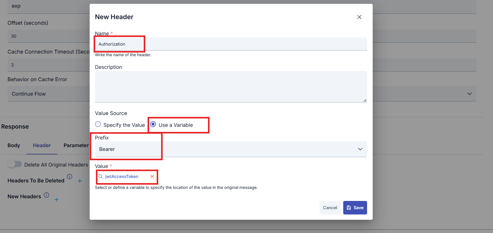 JWT Header Settings