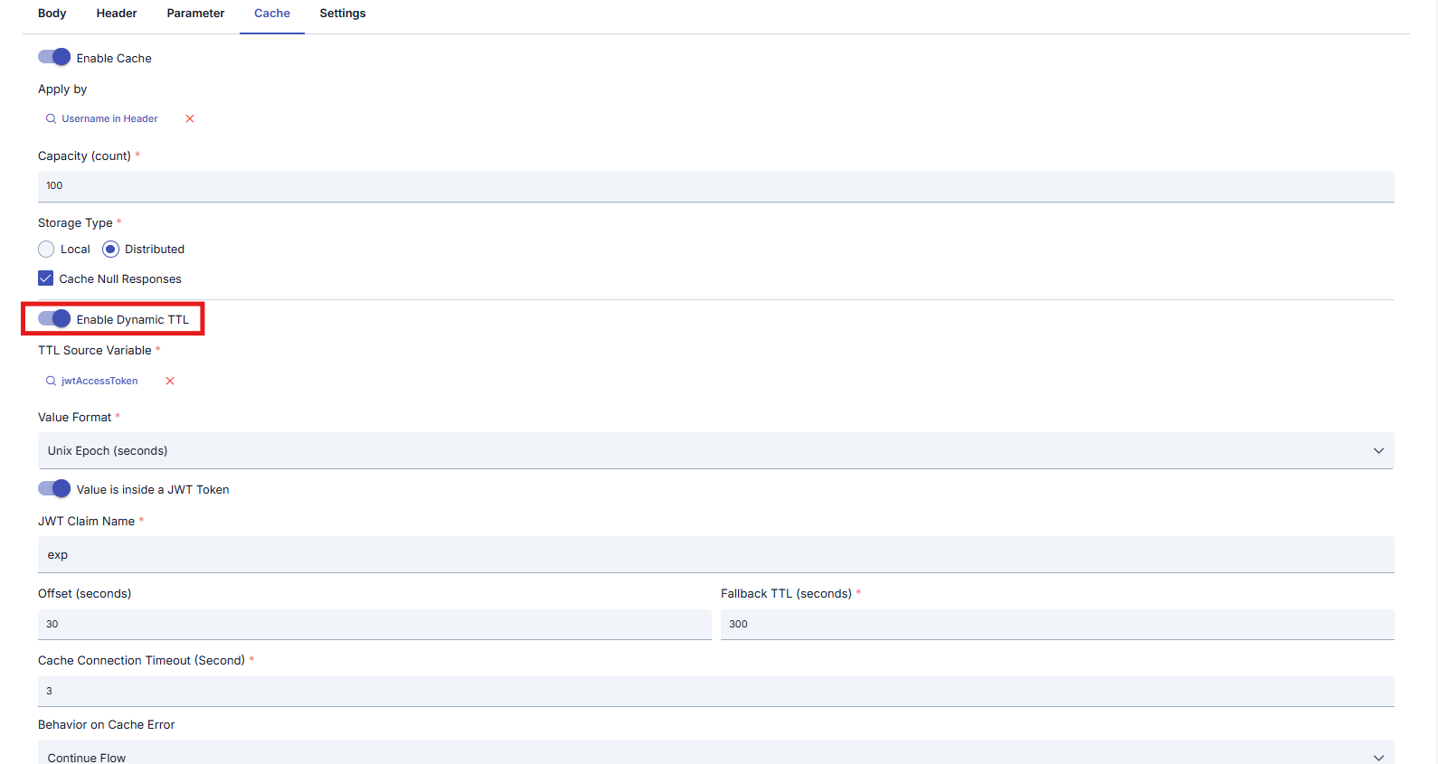 API Call Cache Settings