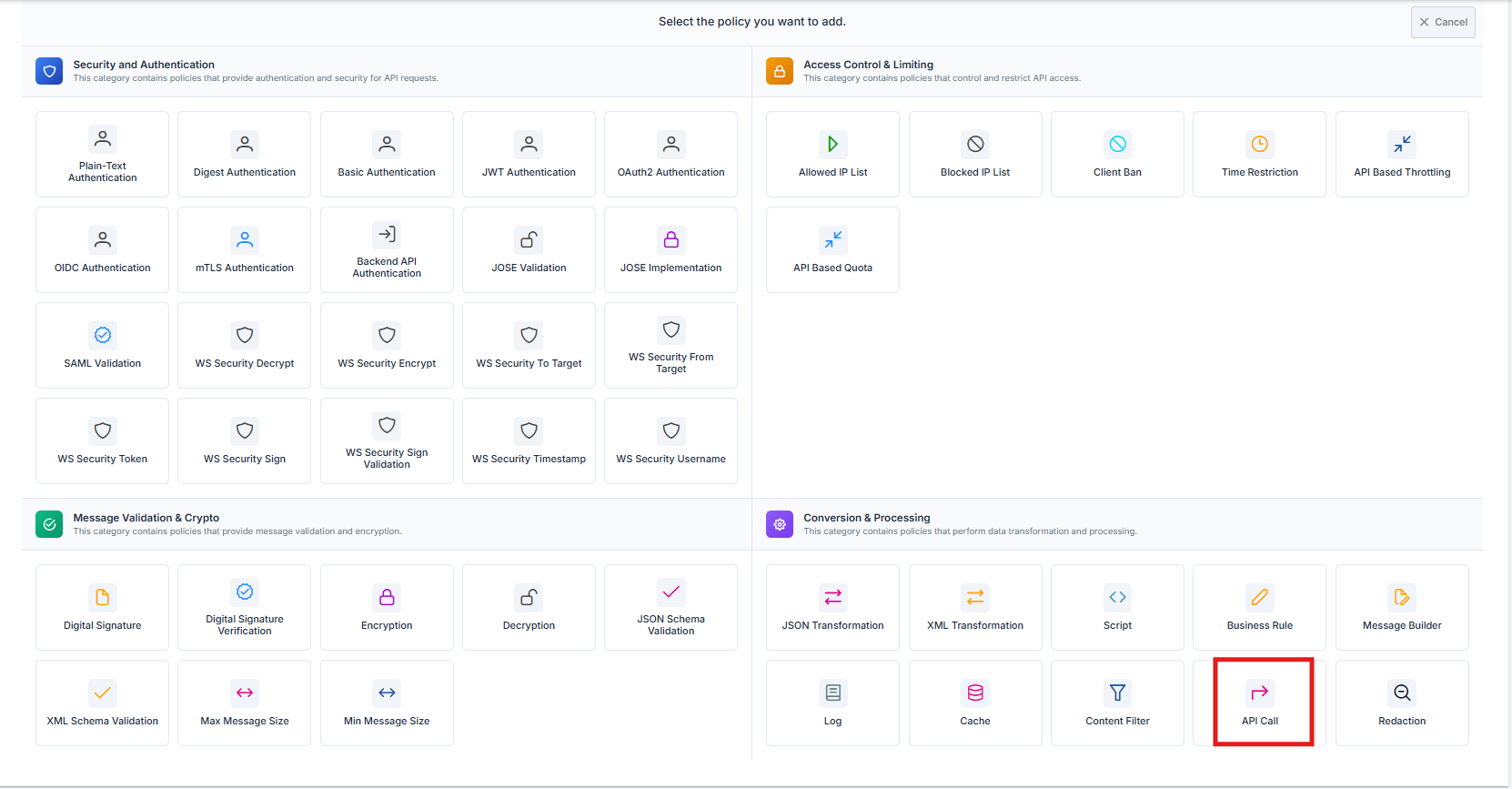 API Call Policy Selection