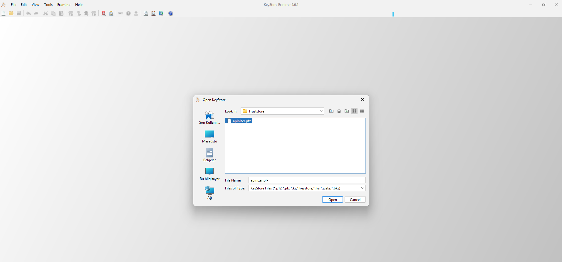 File Open ile truststore dosyasının seçilmesi