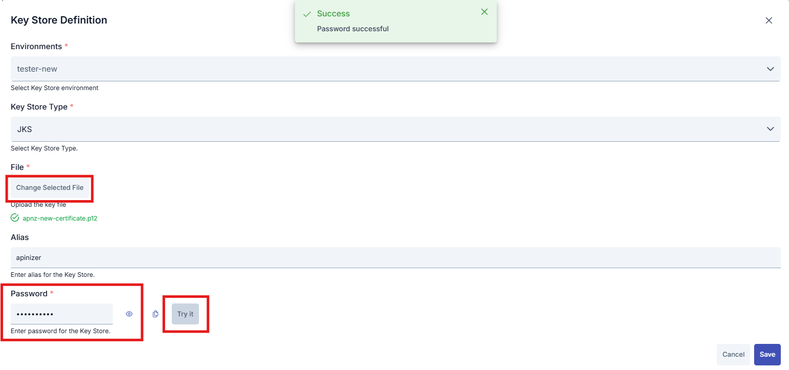 Key Store Definition ekranında dosya, parola ve Try it