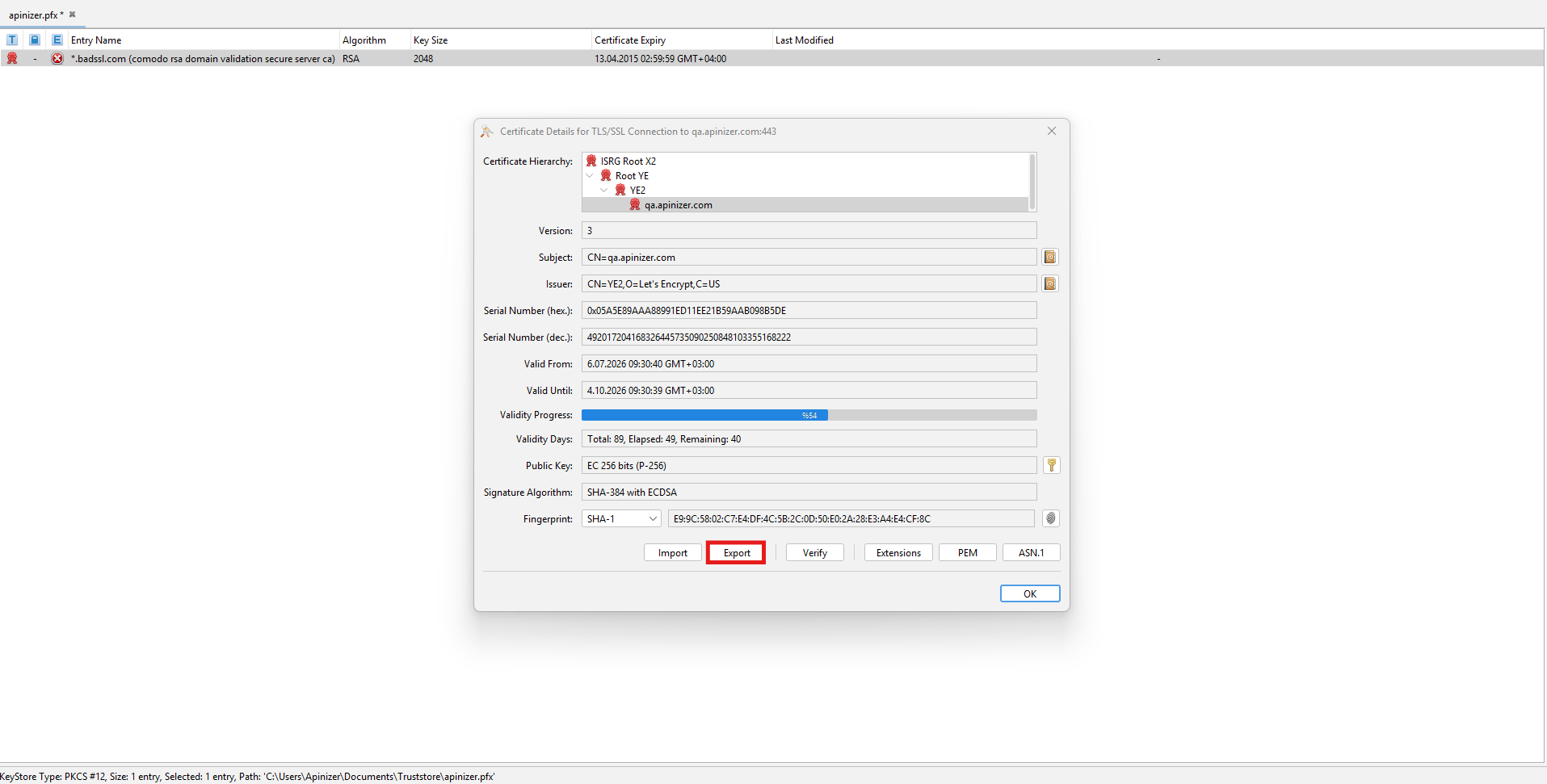 qa.apinizer.com sertifikasının Export ile dışa aktarılması