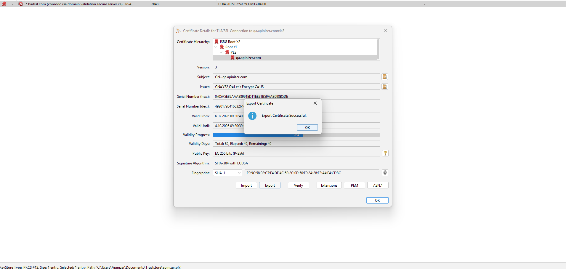 Export Certificate Successful onayı