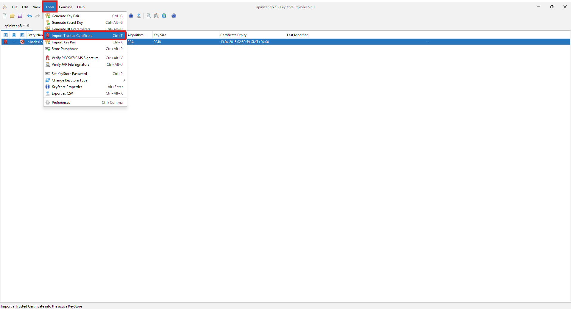 Tools menüsünden Import Trusted Certificate