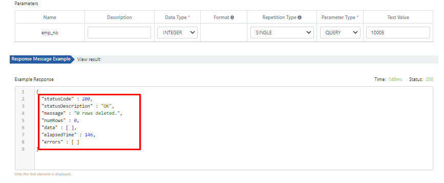DELETE endpoint test result