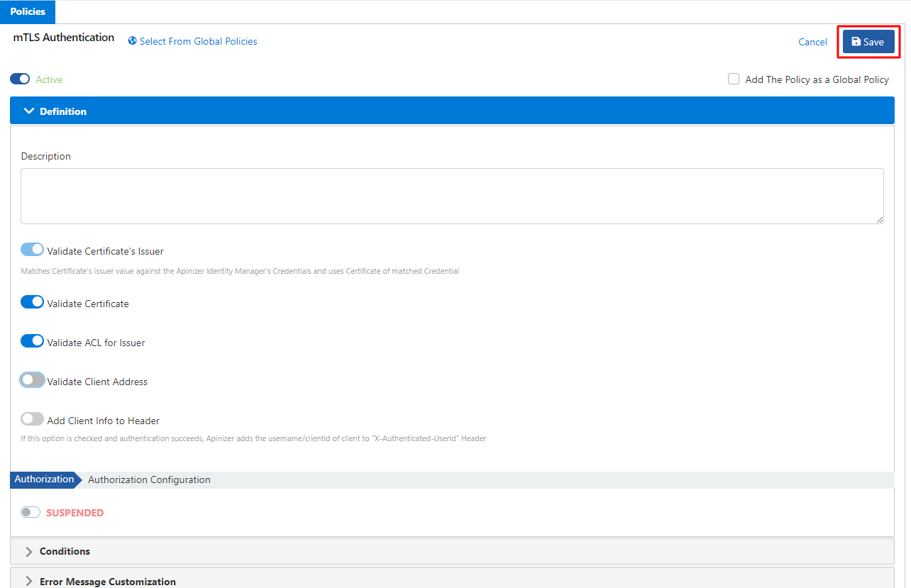 mTLS Policy Settings