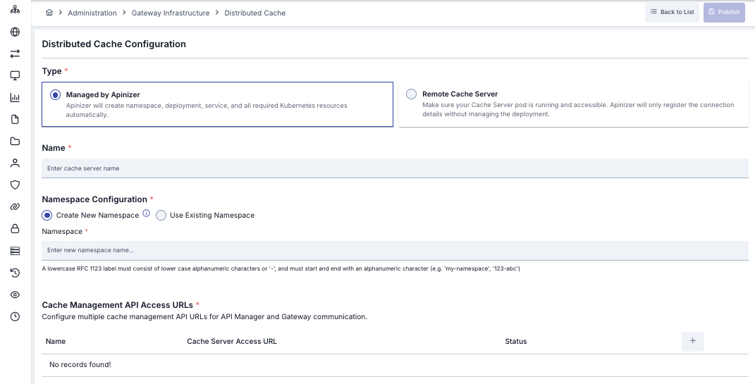 Managed Cache Server oluşturma formu