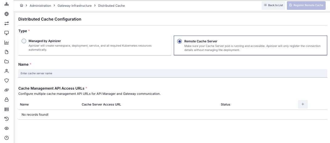 Remote Cache Server kayıt formu