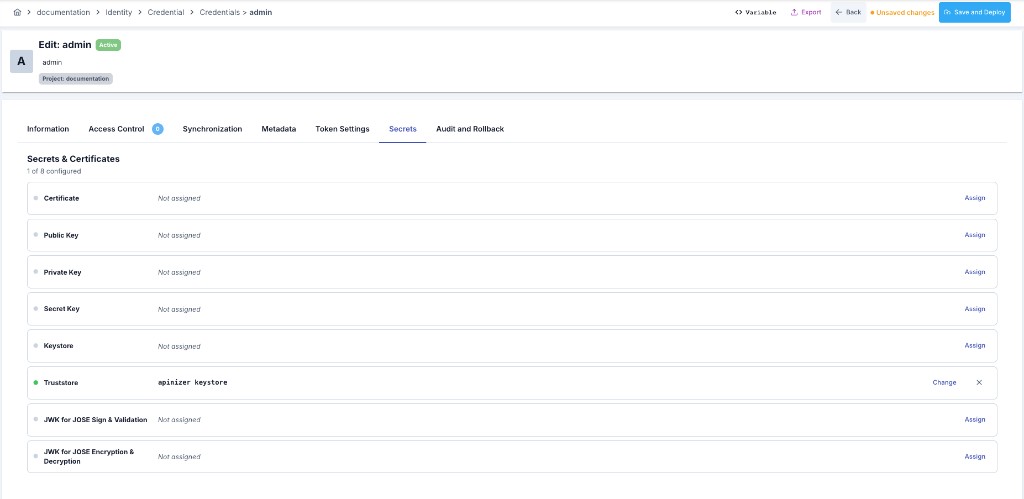 Secrets tab — JWK and certificate assignments