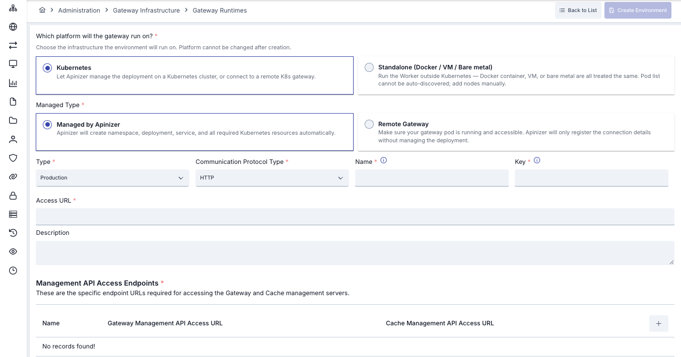 Managed Gateway Environment oluşturma formu