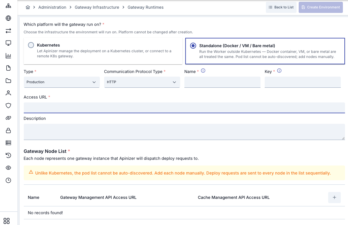 Remote Gateway environment registration form