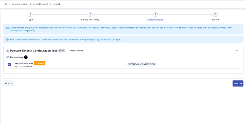 Export wizard Dependencies step