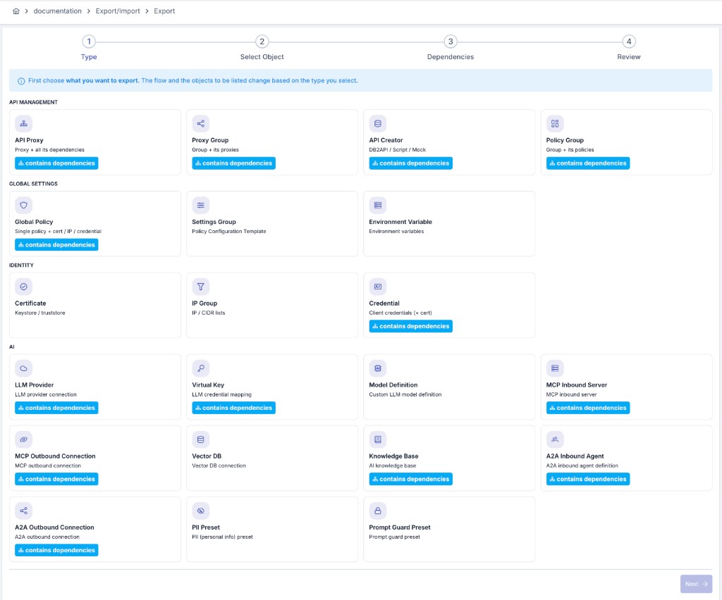 Export wizard type selection