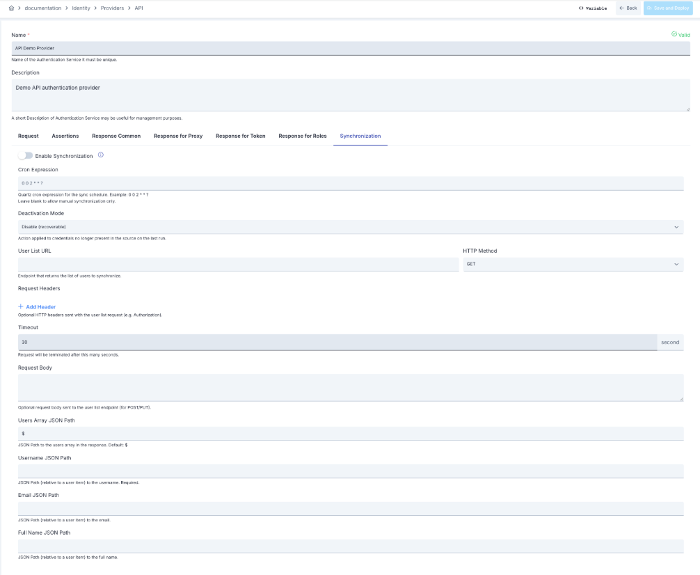 API Authentication Provider Synchronization tab