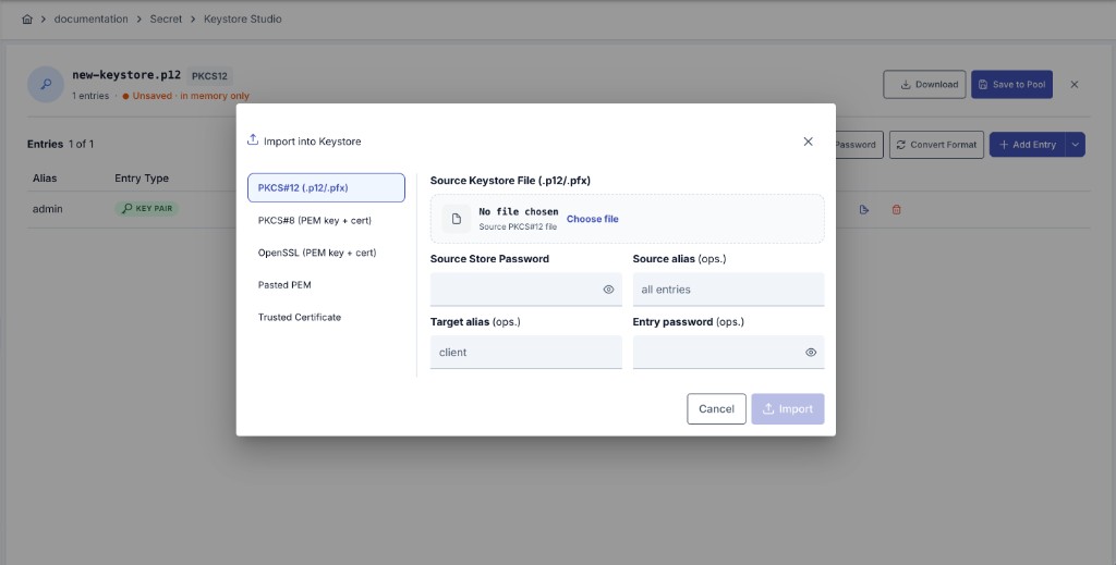 Keystore Studio import dialog