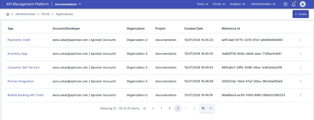 Portal Applications list