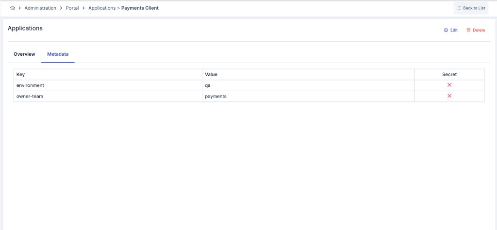 Portal Application Metadata tab