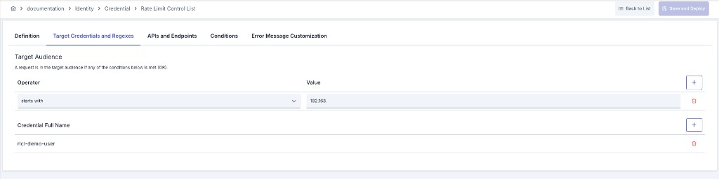 Rate Limit Control List — Target Audience tab