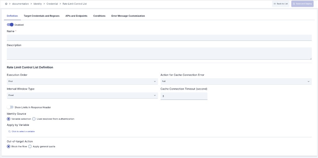 Rate Limit Control List — Definition tab