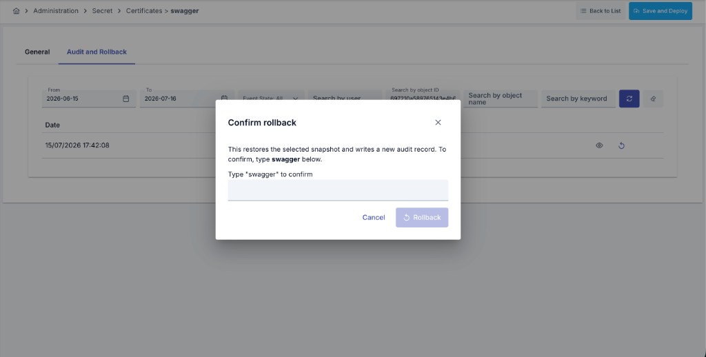Rollback confirmation dialog